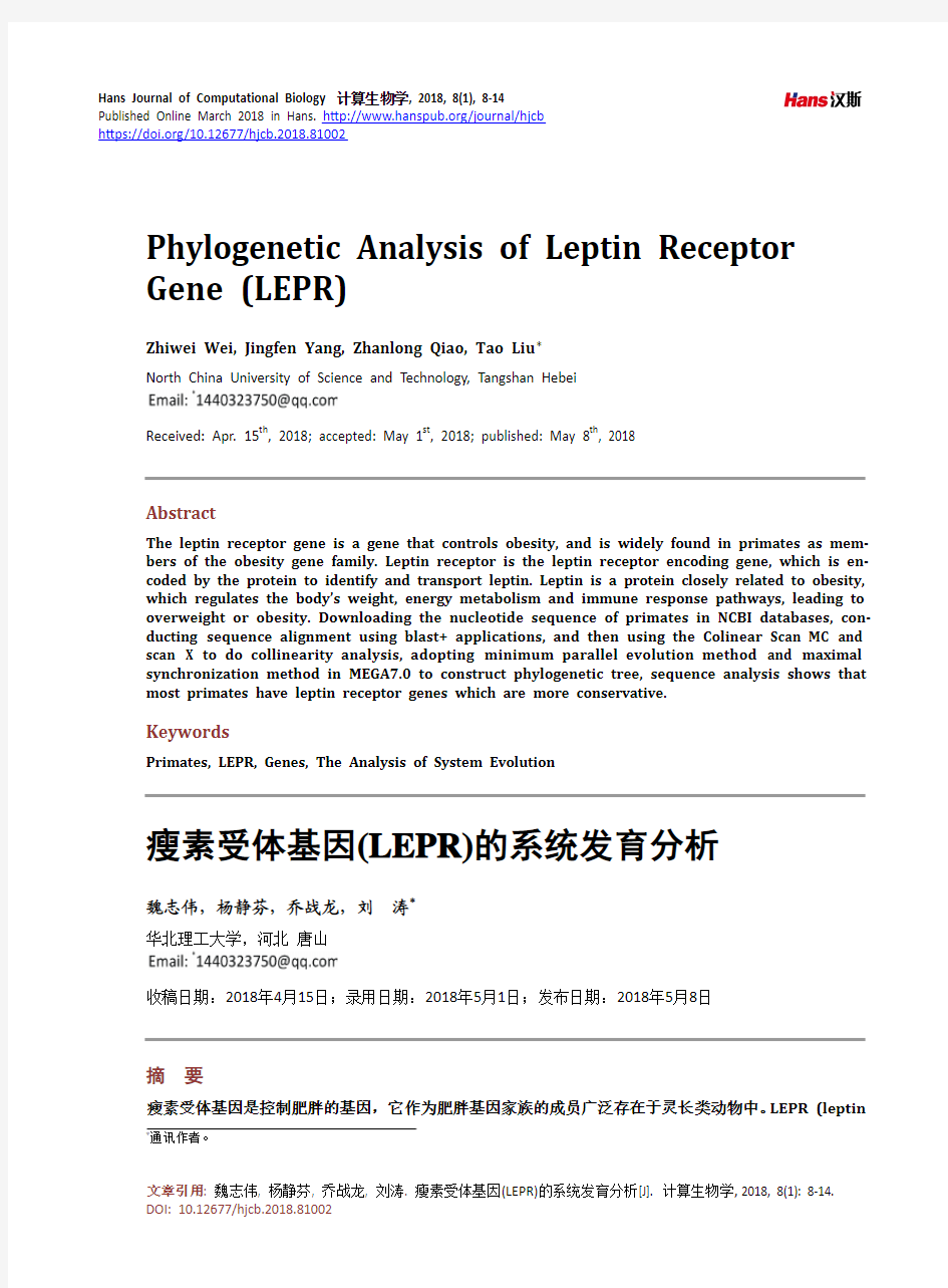 瘦素受体基因(LEPR)的系统发育分析