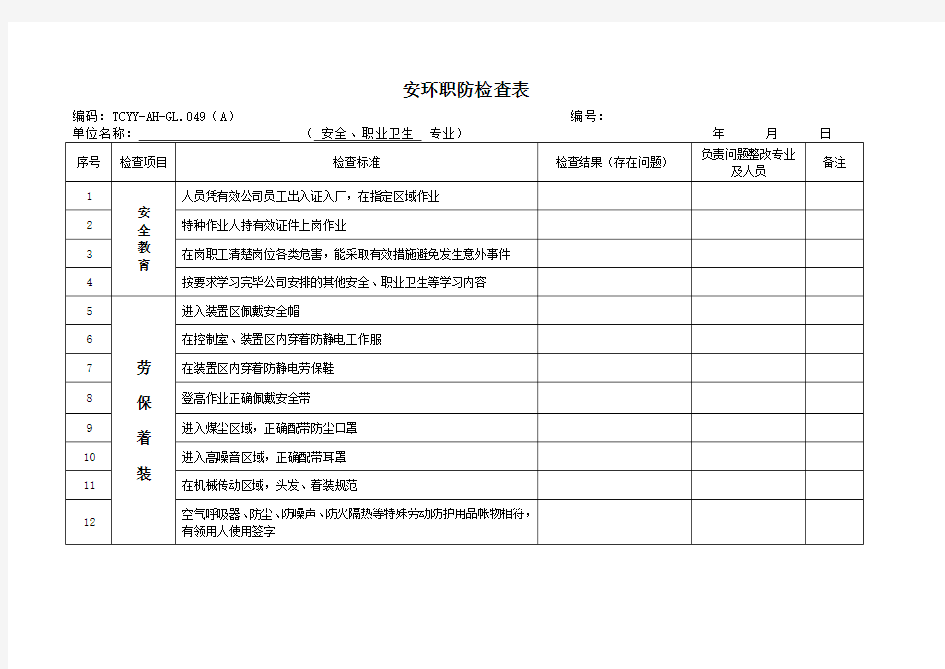 安环职防检查表安全职业卫生