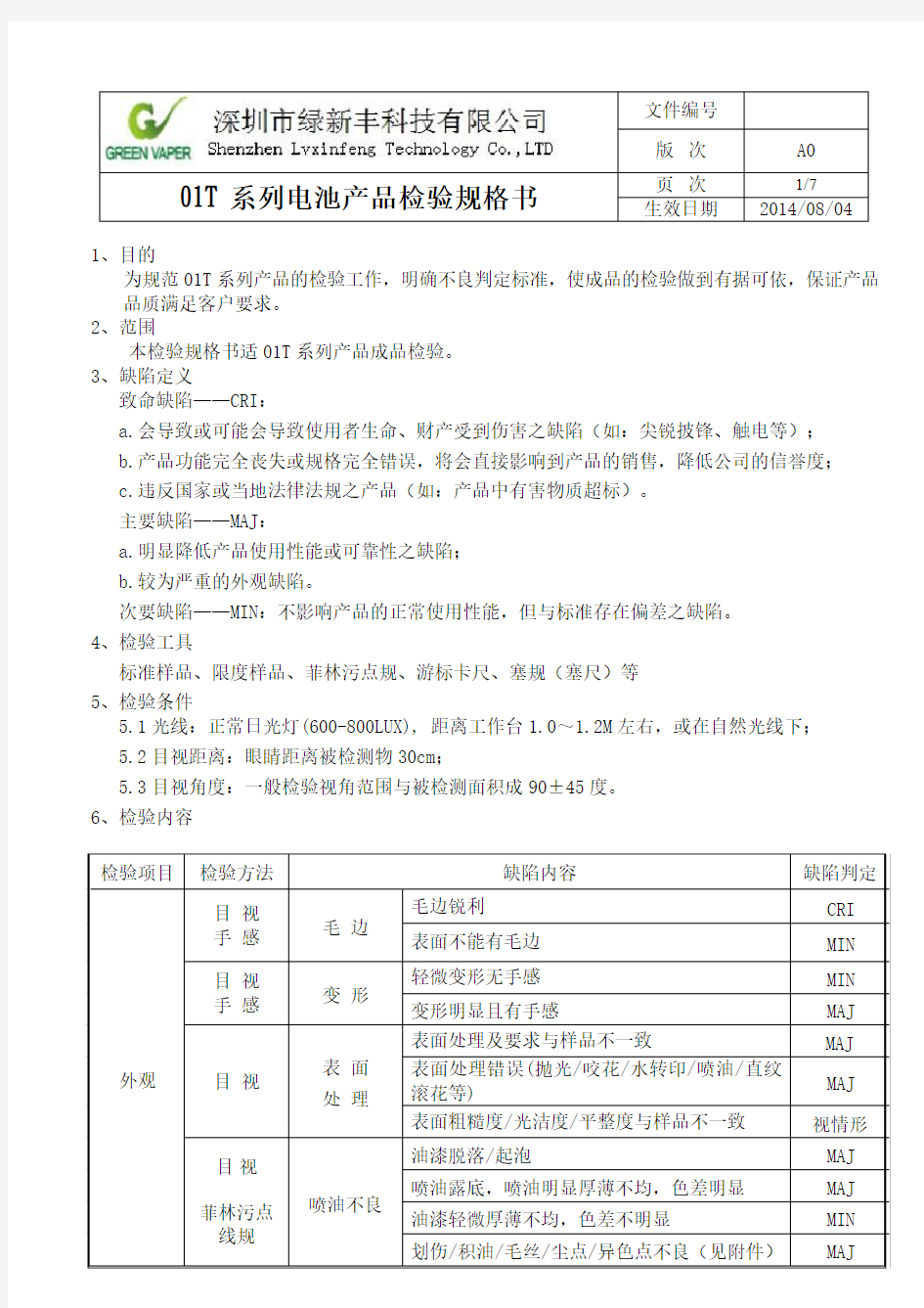 01T系列电池产品检验规格书