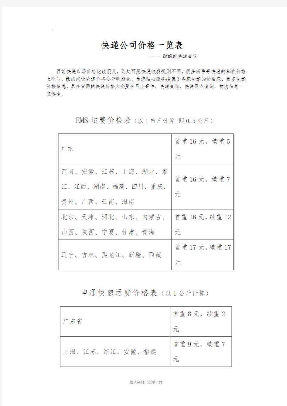 快递公司价格一览表