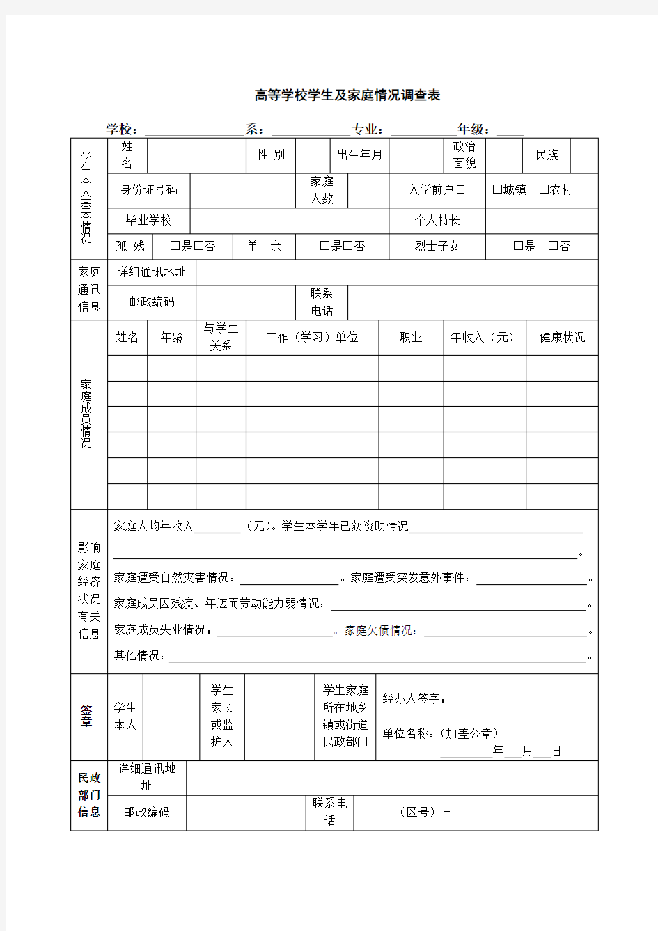 贫困学生家庭困难调查表