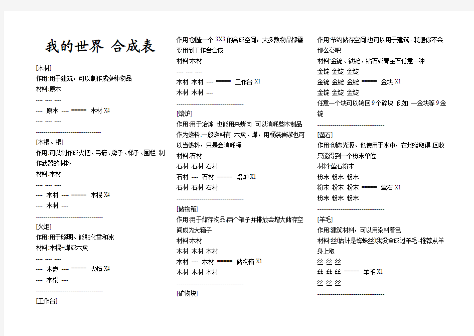 我的世界合成表文字版