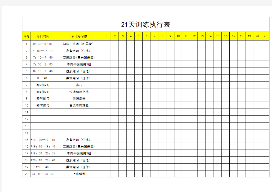 21天训练计划执行表