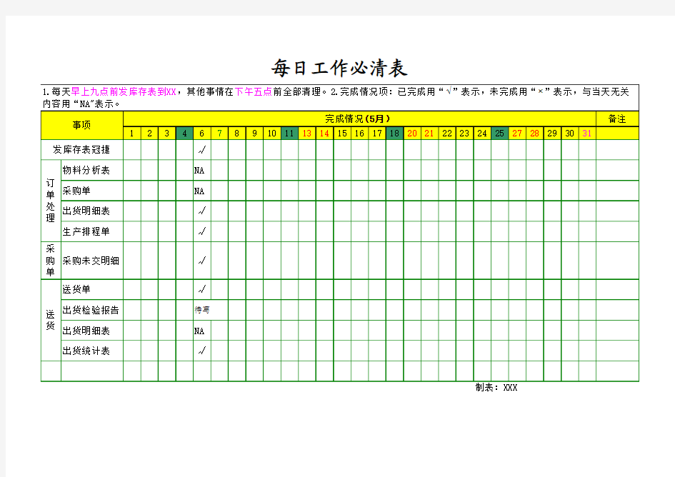 每日工作清表