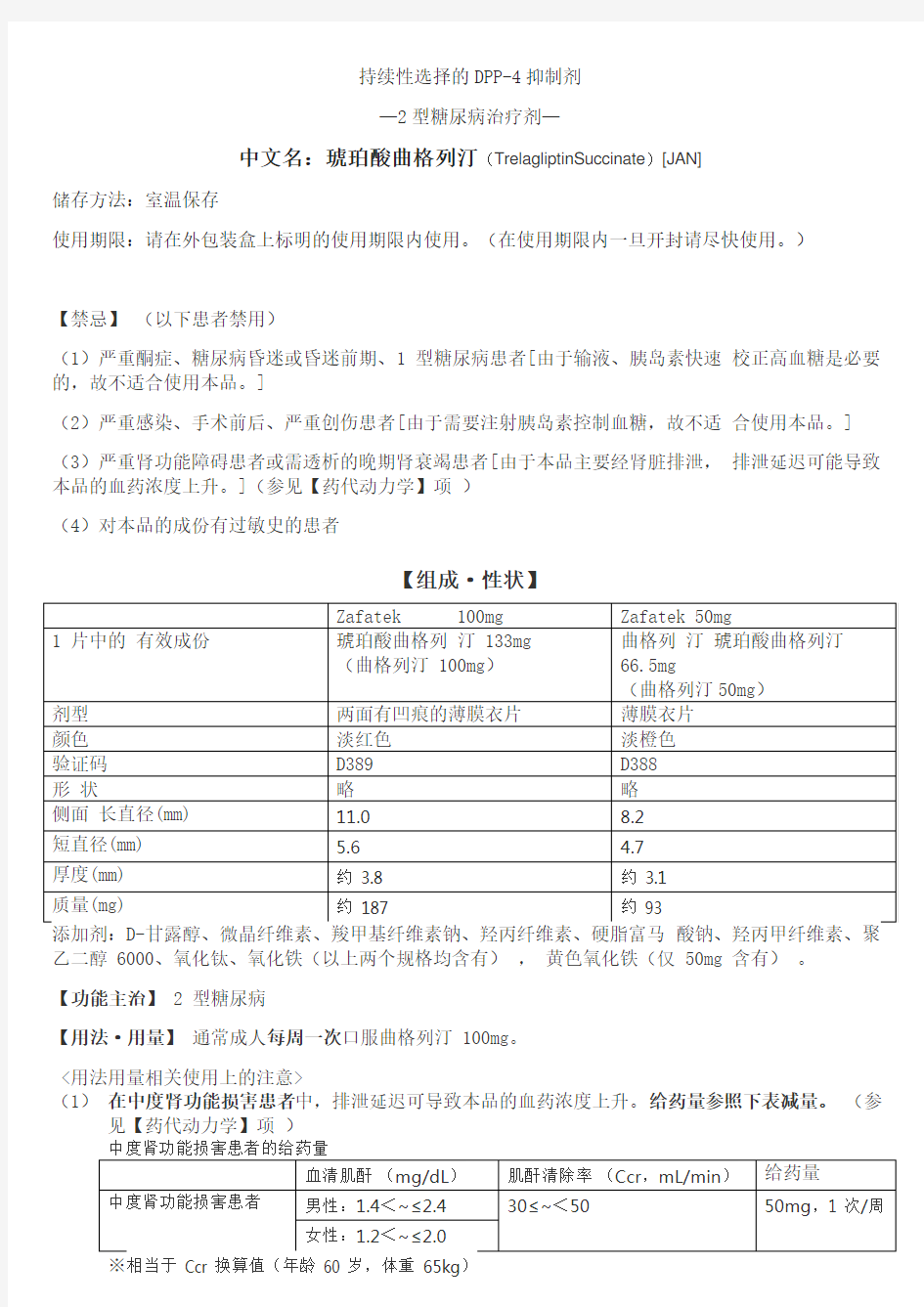 日本糖尿病新药ザファテック——琥珀酸曲格列汀(TrelagliptinSuccinate)[JAN]