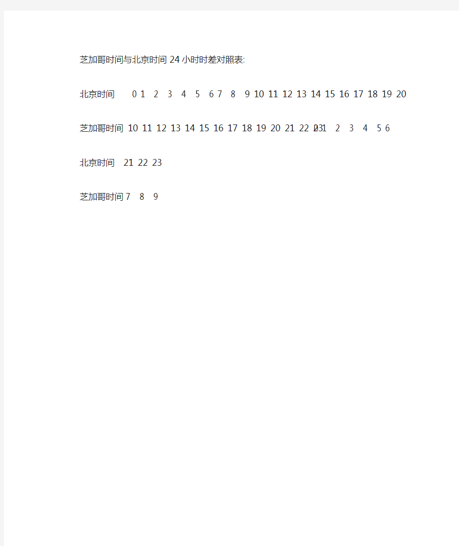 芝加哥时间与北京时间24小时时差对照表