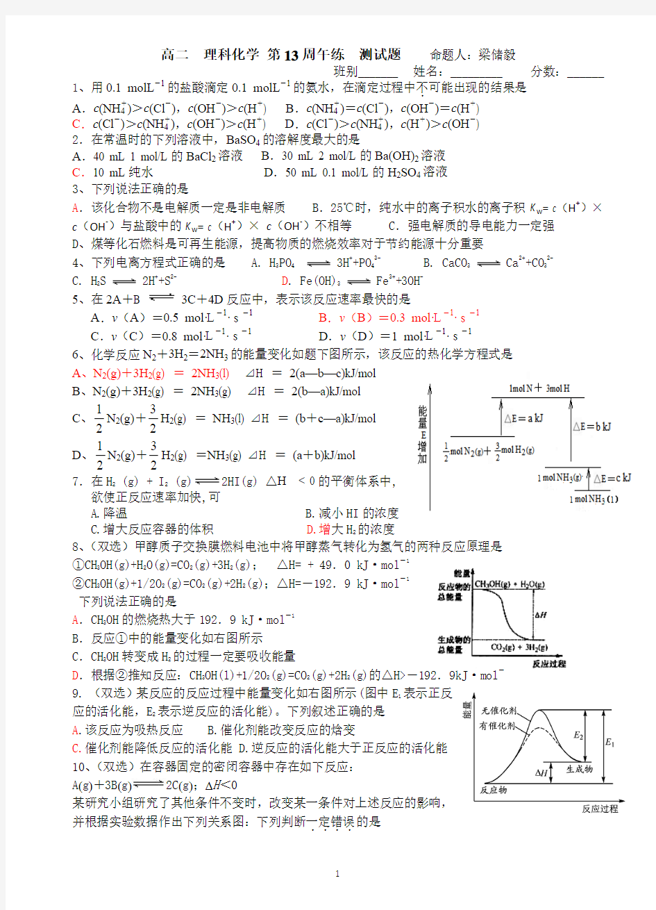 2011级高二第一学期 第 13 周 周练和午练题