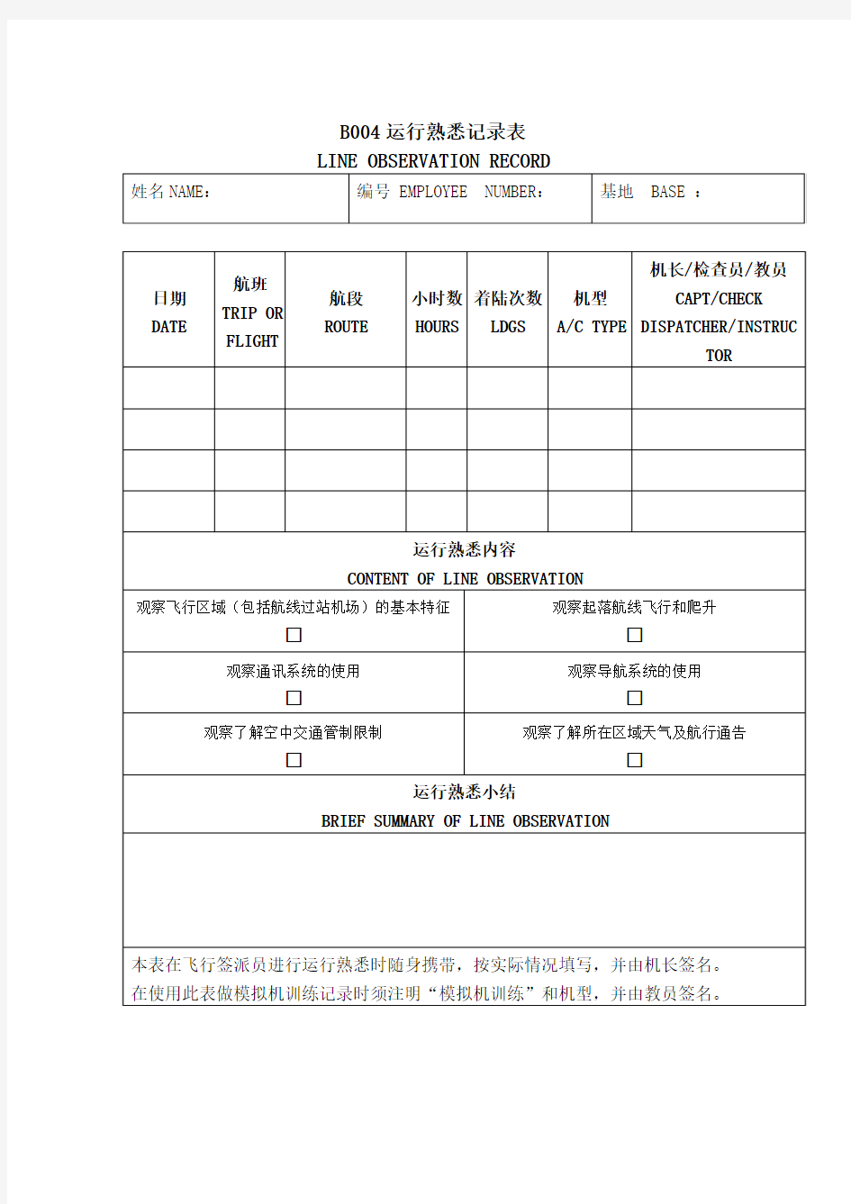 飞行签派员运行熟悉表B004[1]