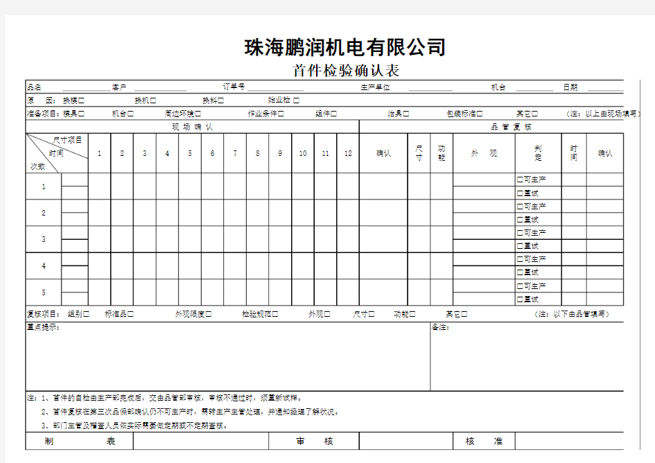 首件检验确认表