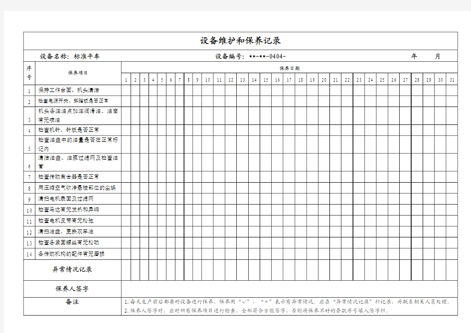 (标准平车)设备维护和保养记录