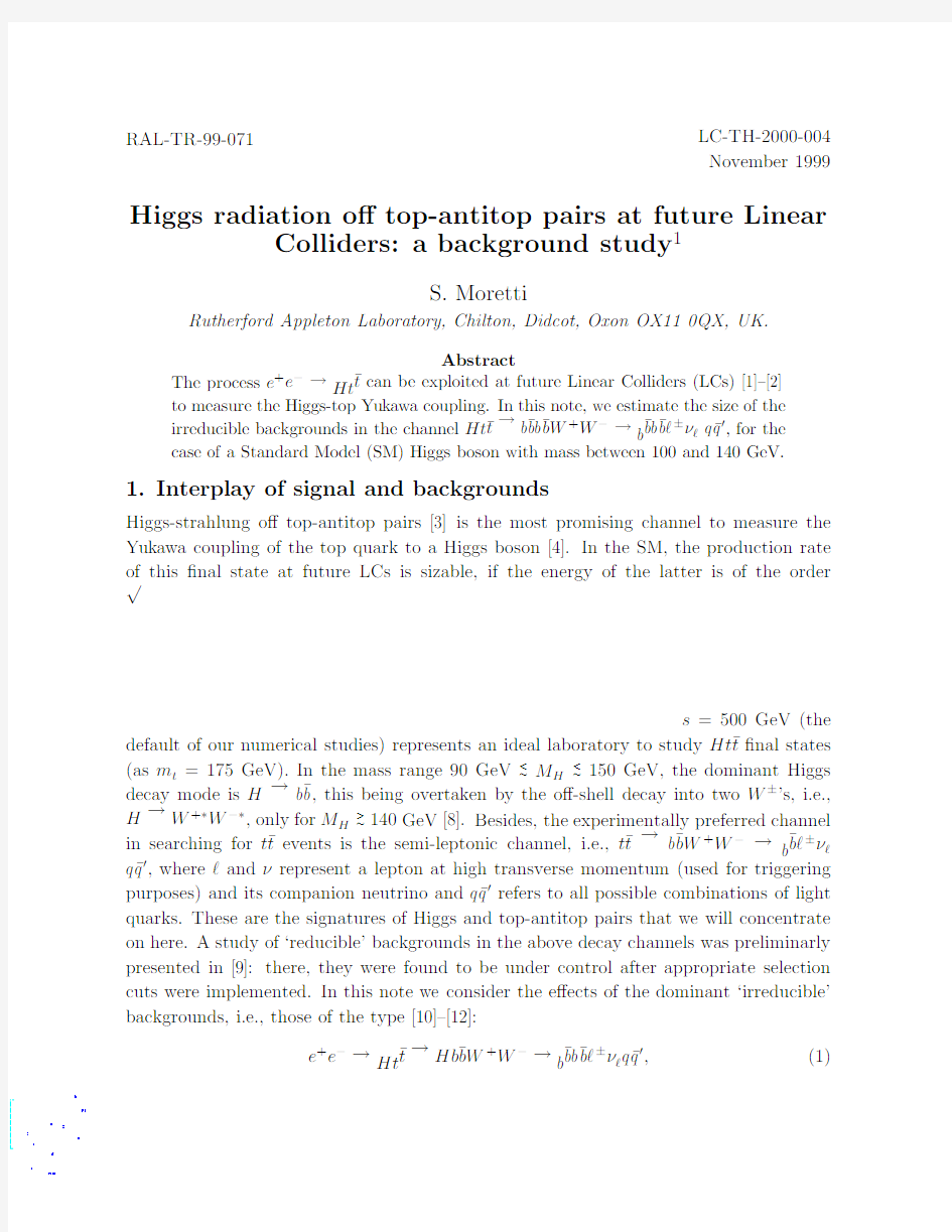 Higgs radiation off top-antitop pairs at future Linear Colliders a background study