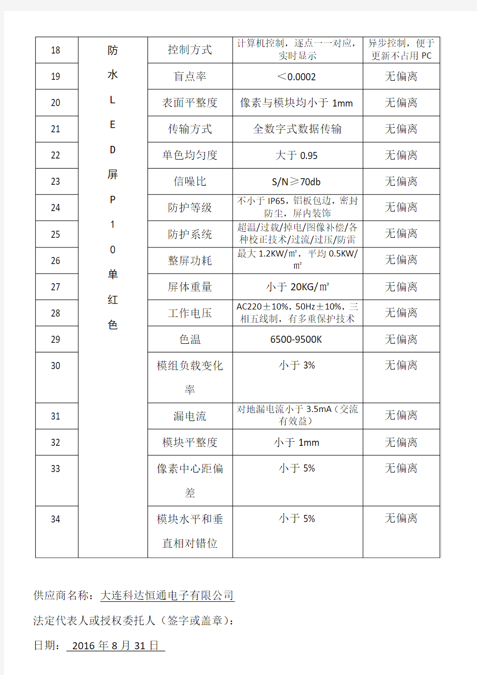 规格技术参数偏离表