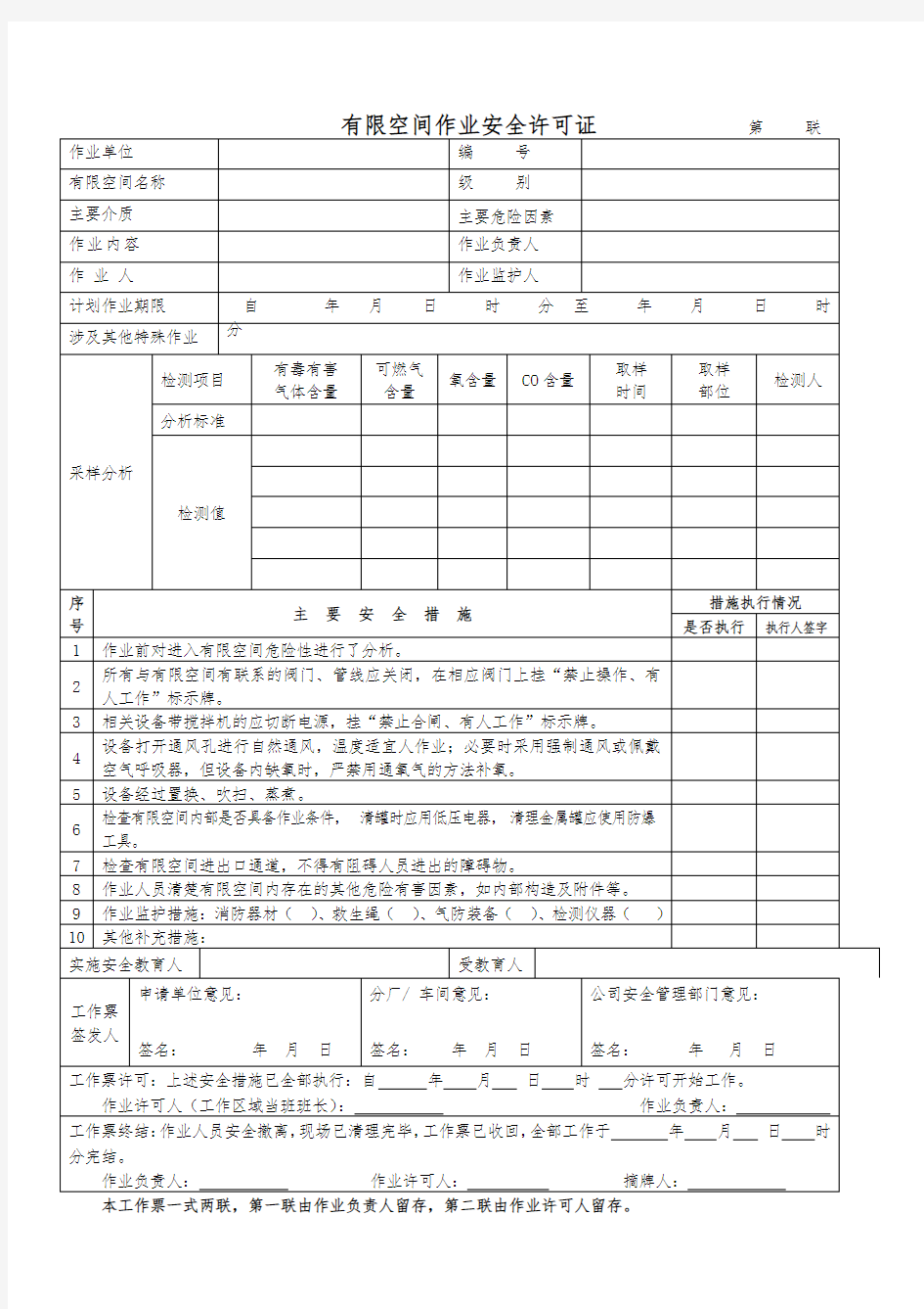 有限空间工作票