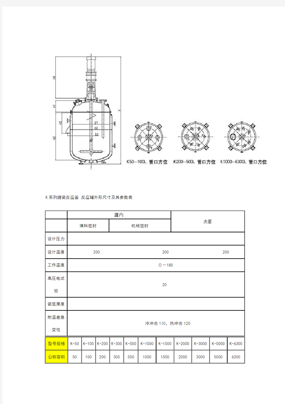 k系列搪瓷反应釜反应罐外形尺寸及其参数表