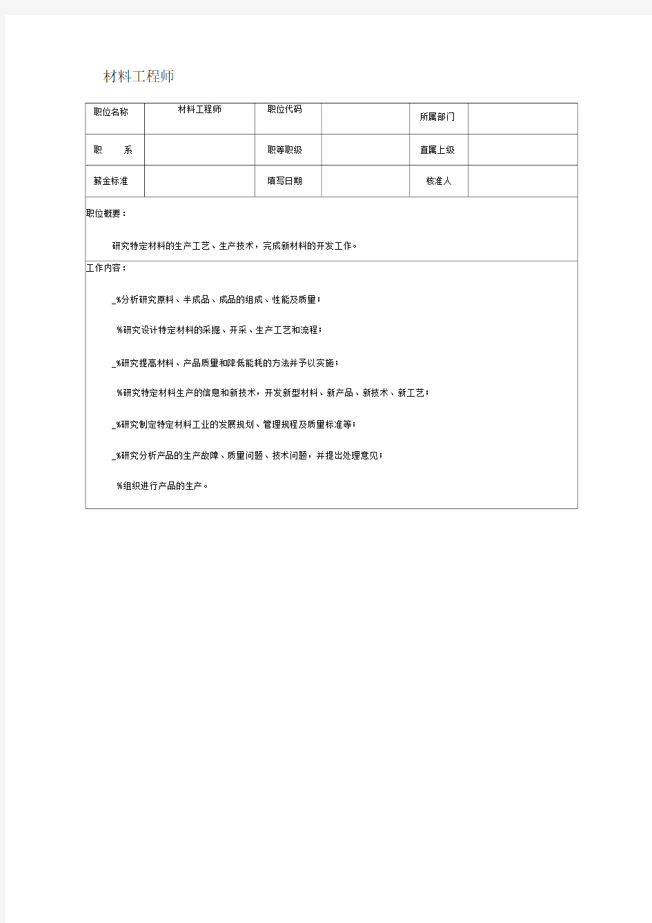 材料工程师岗位说明书