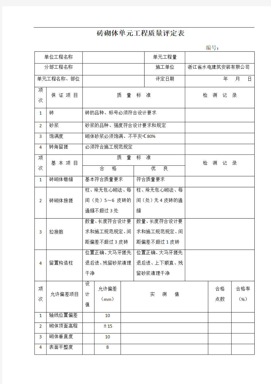 砖砌体单元工程质量评定表