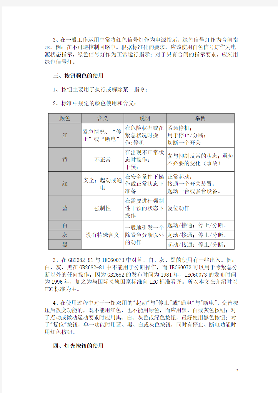 标准化中按钮和指示灯颜色的使用