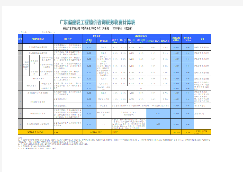 广东省建设工程造价咨询服务收费项目和收费标准表《粤价函【2011】742号)》