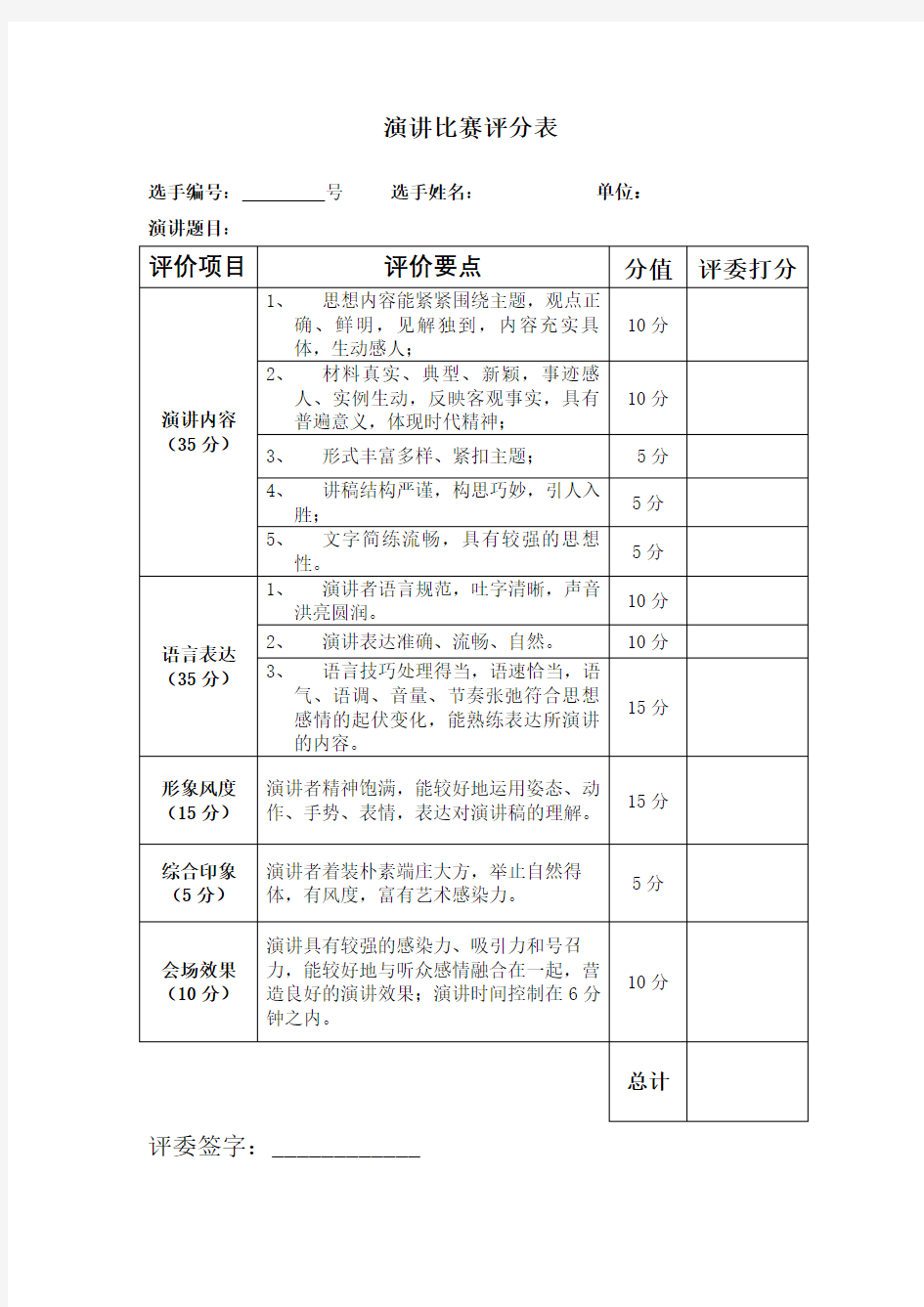 演讲比赛评分表模板