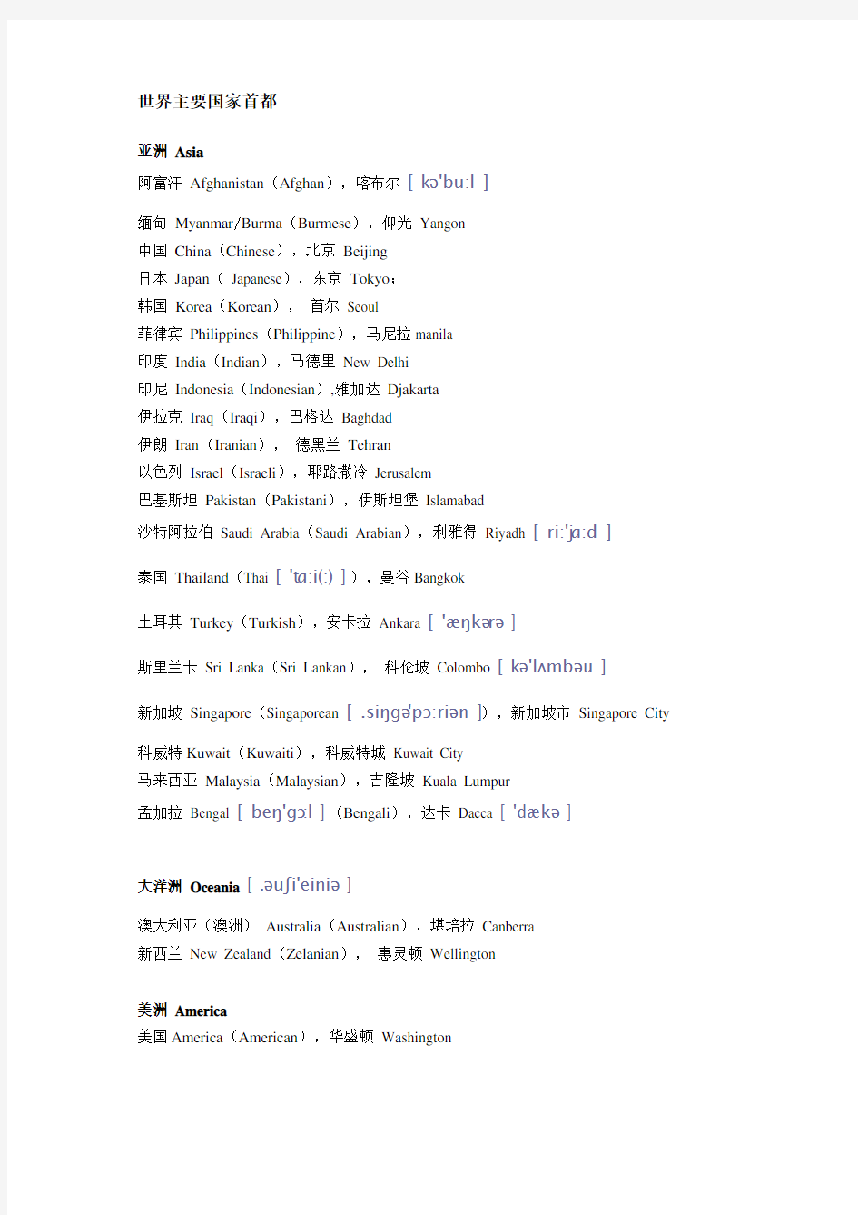 世界主要国家英语名称和首都及城市