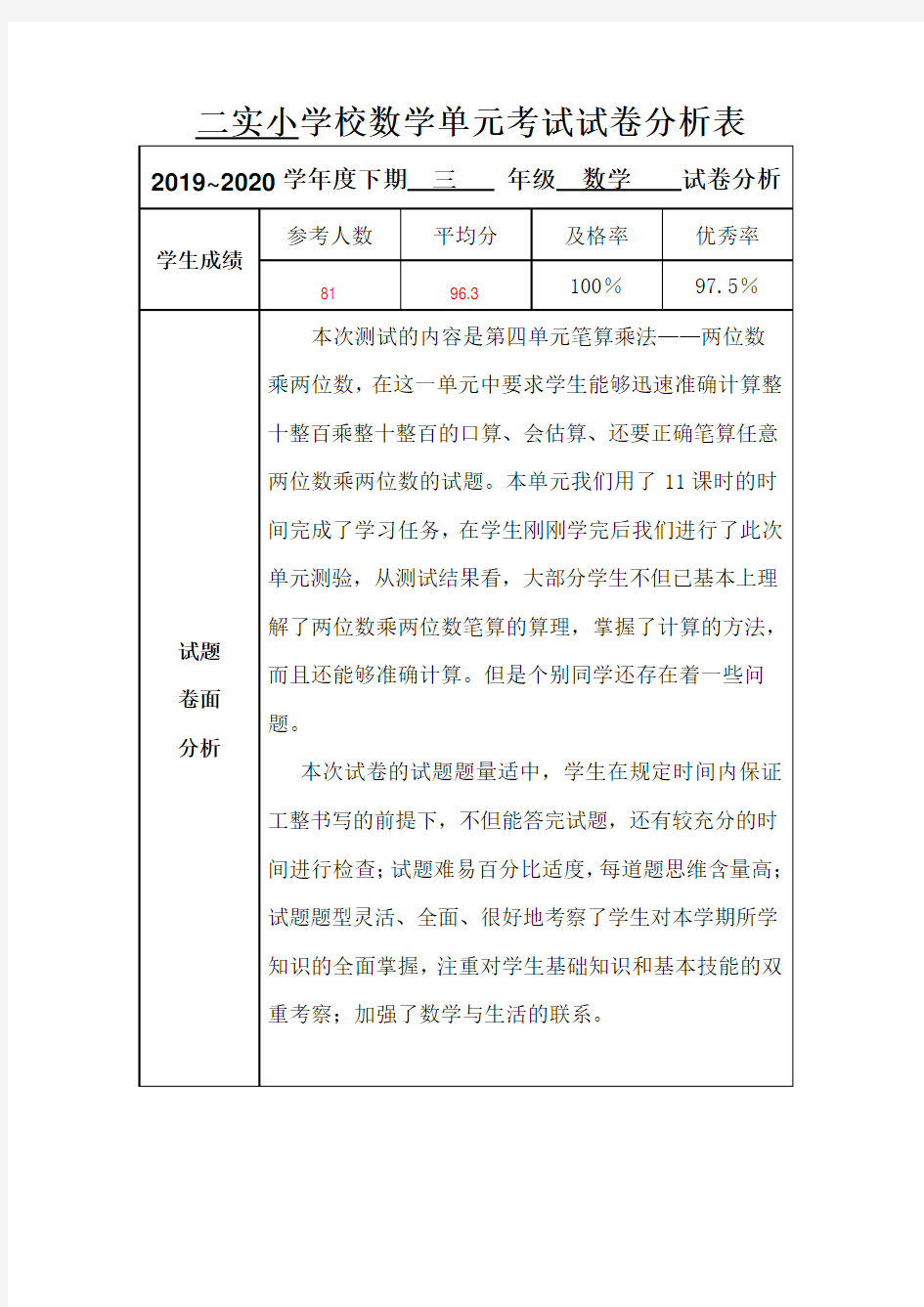 三年级数学试卷分析表