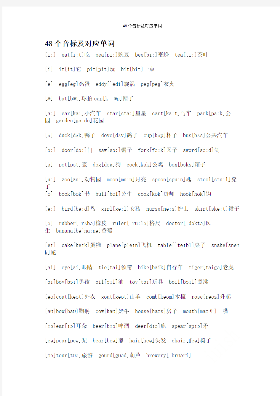 48个音标及对应单词