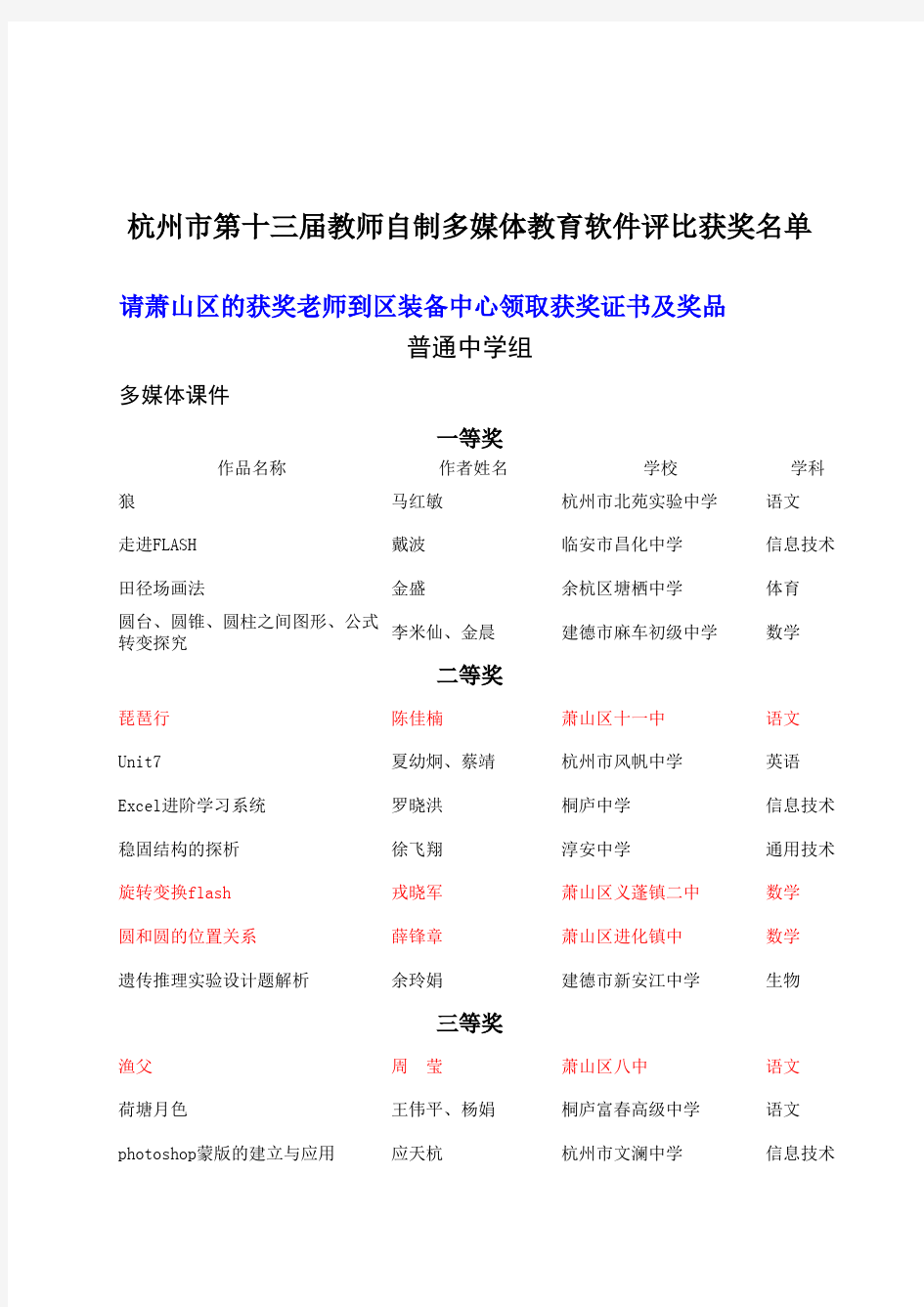 杭州市第十三届中小学教师自制多媒体教育软件评比活动