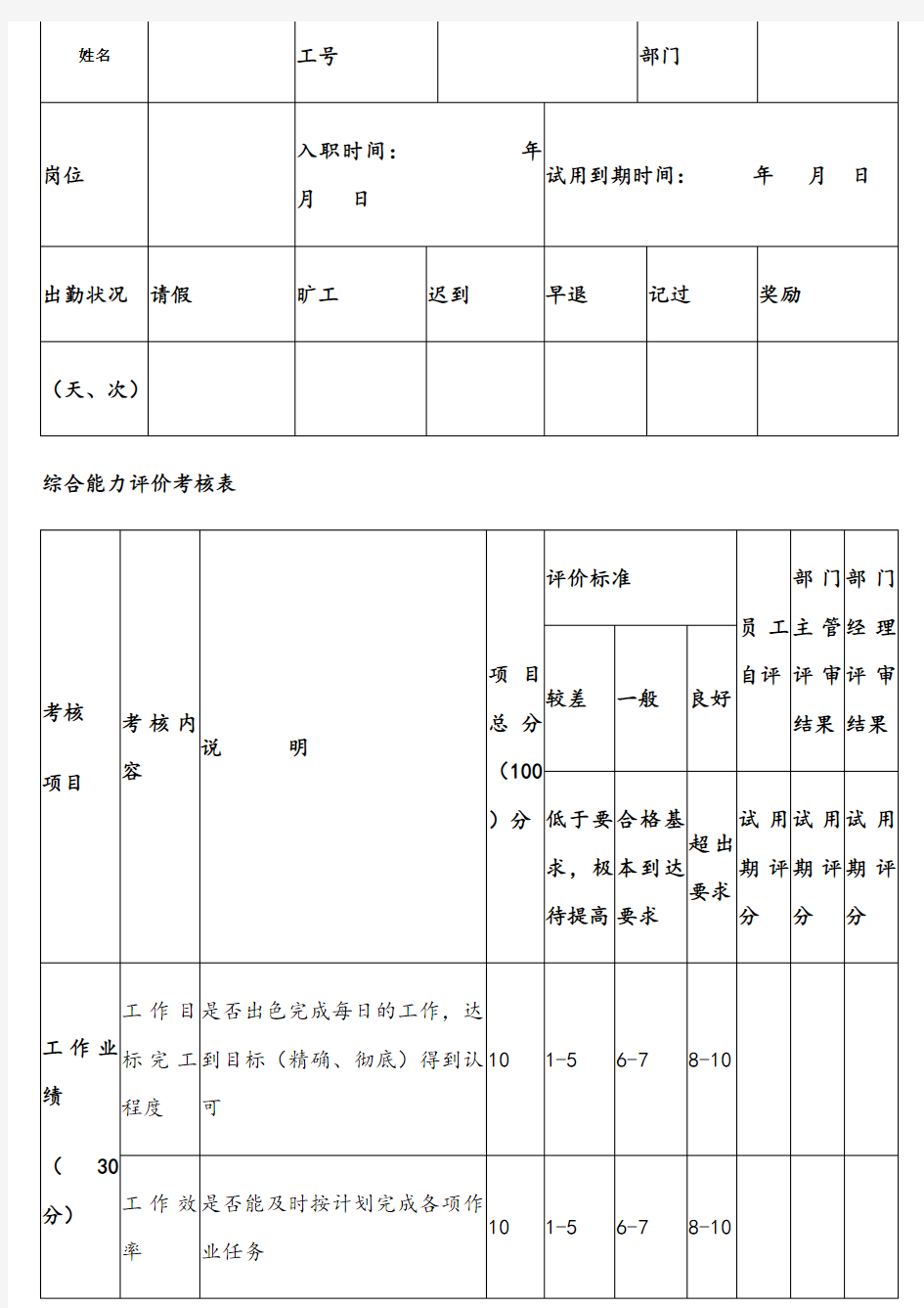 新员工入职考核表