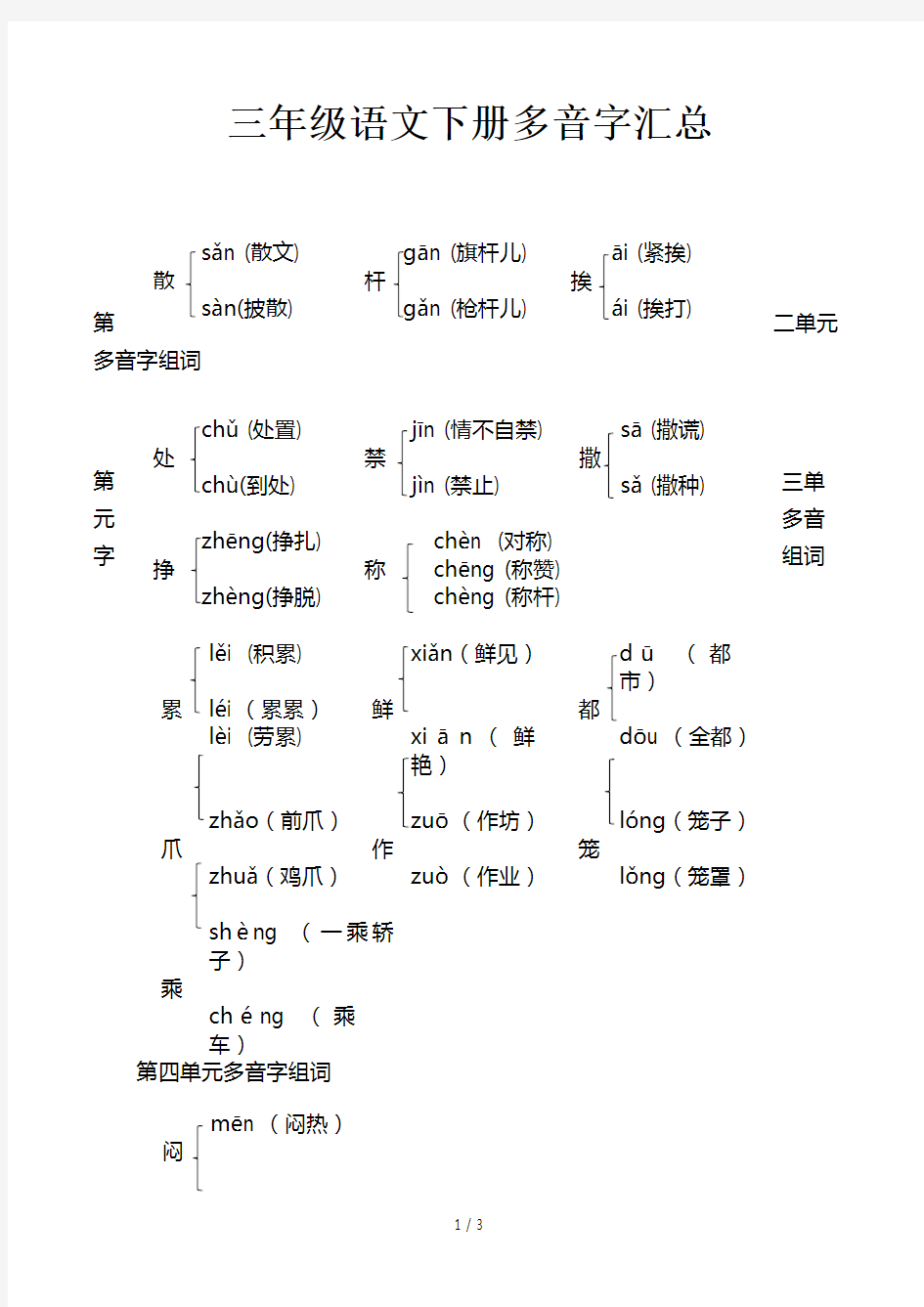 三年级语文下册多音字汇总