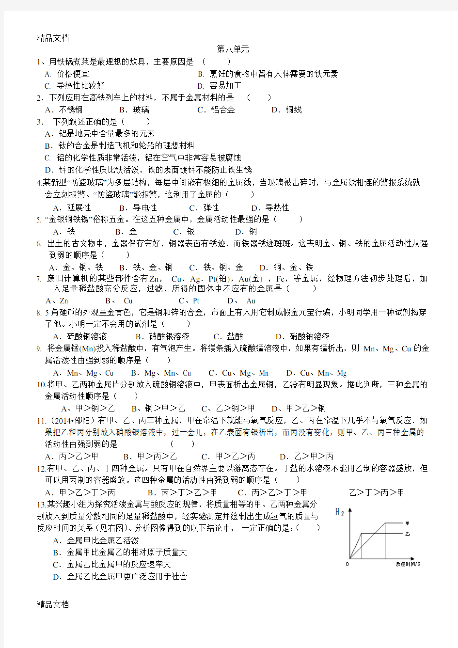 最新人教版初三化学下册练习题