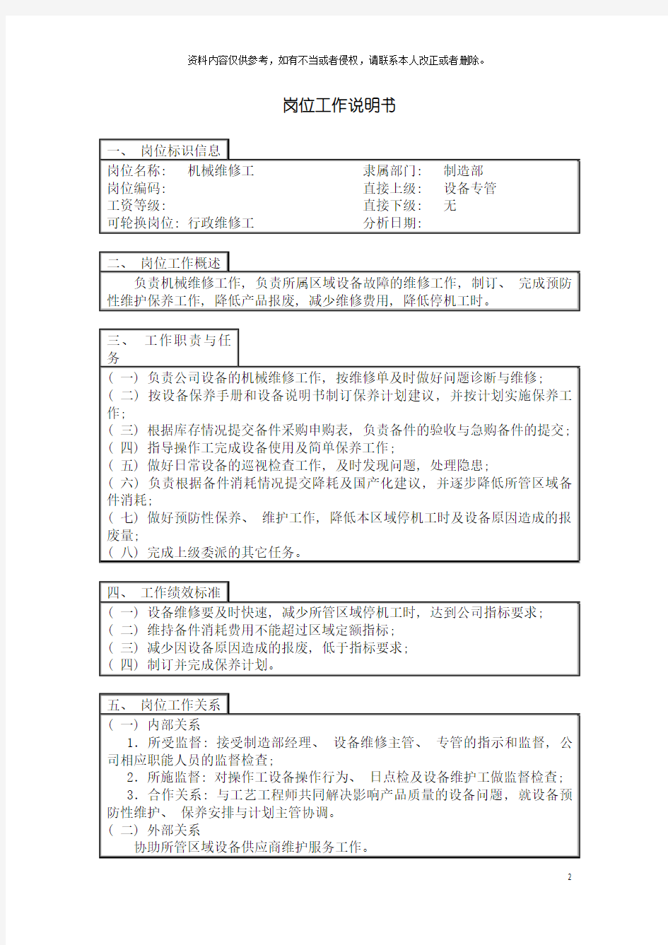 机械维修工岗位工作说明书模板