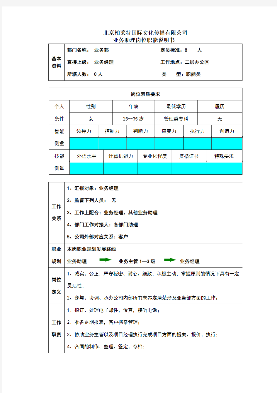 业务助理岗位职能说明书