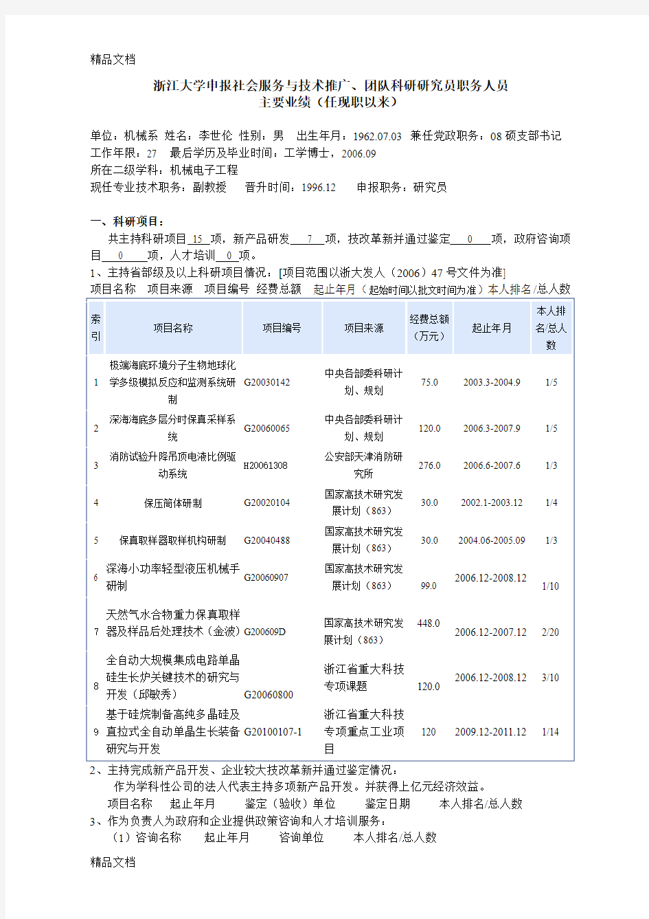 最新浙江大学申报教授研究员职务人员主要业绩任现职以来