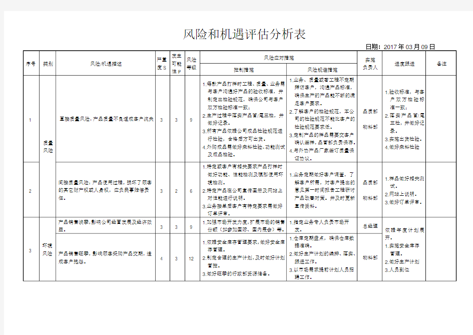 风险和机遇评估分析表