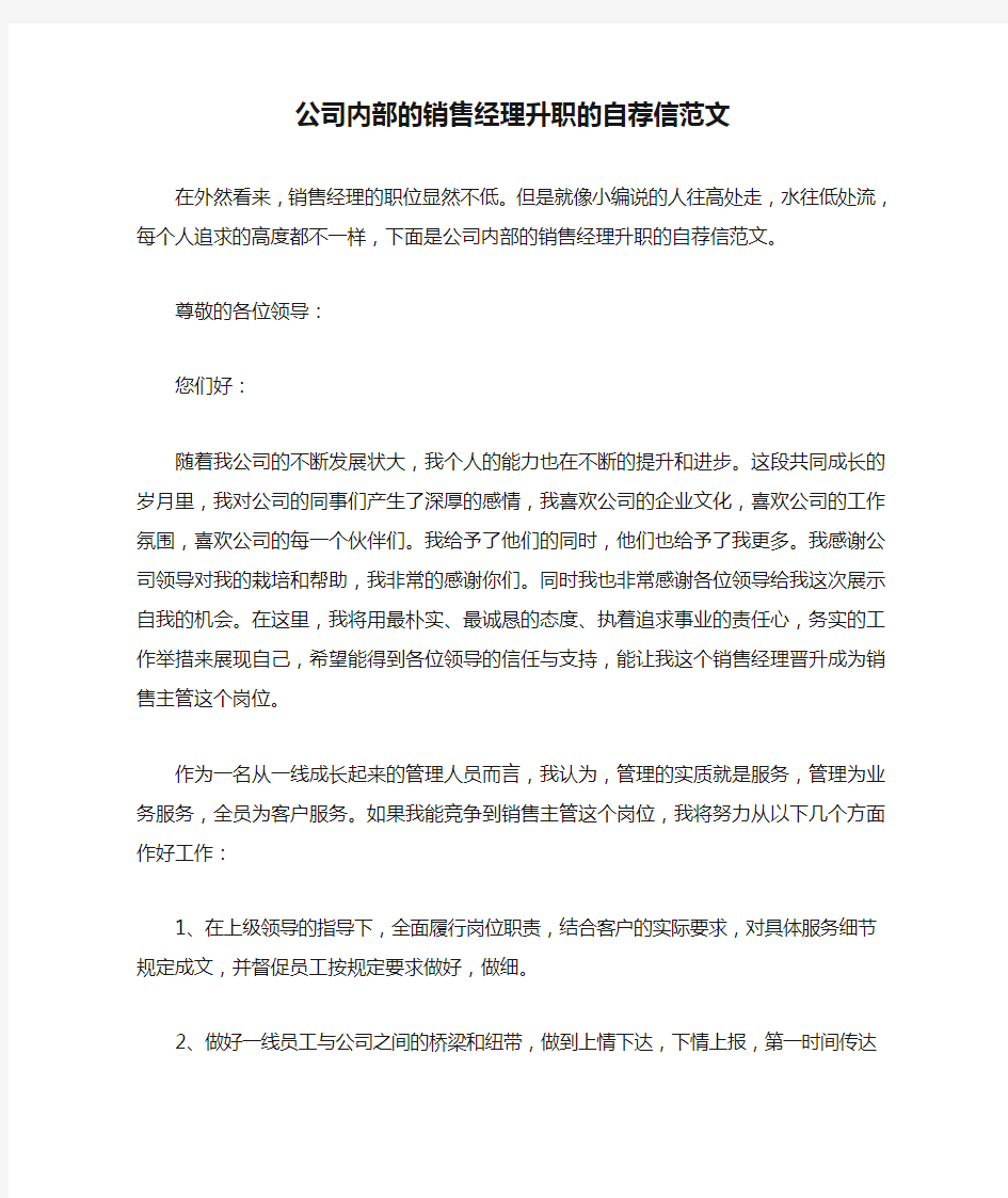 公司内部的销售经理升职的自荐信范文