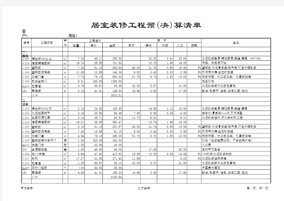 室内装修预算清单 范例 