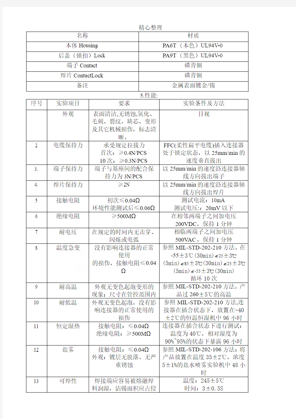 FPC连接器规格说明及测试条件和办法