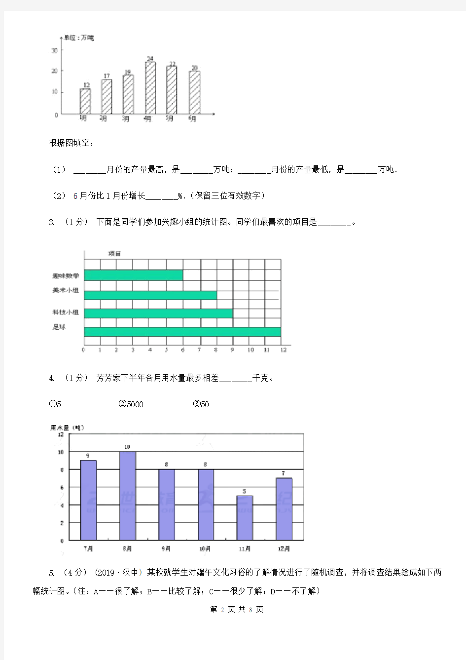 人教版数学四年级上册 第七单元第二课时1格表示多个单位的条形统计图 同步测试(II)卷
