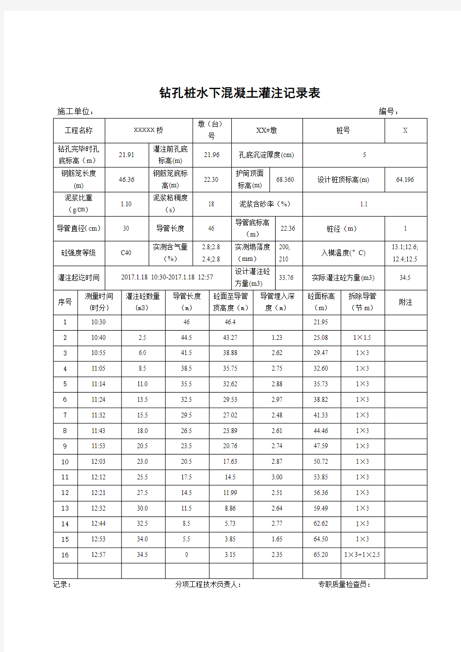 钻孔灌注桩灌注记录表