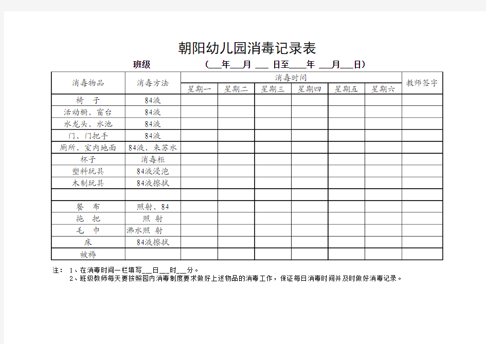 幼儿园消毒记录表