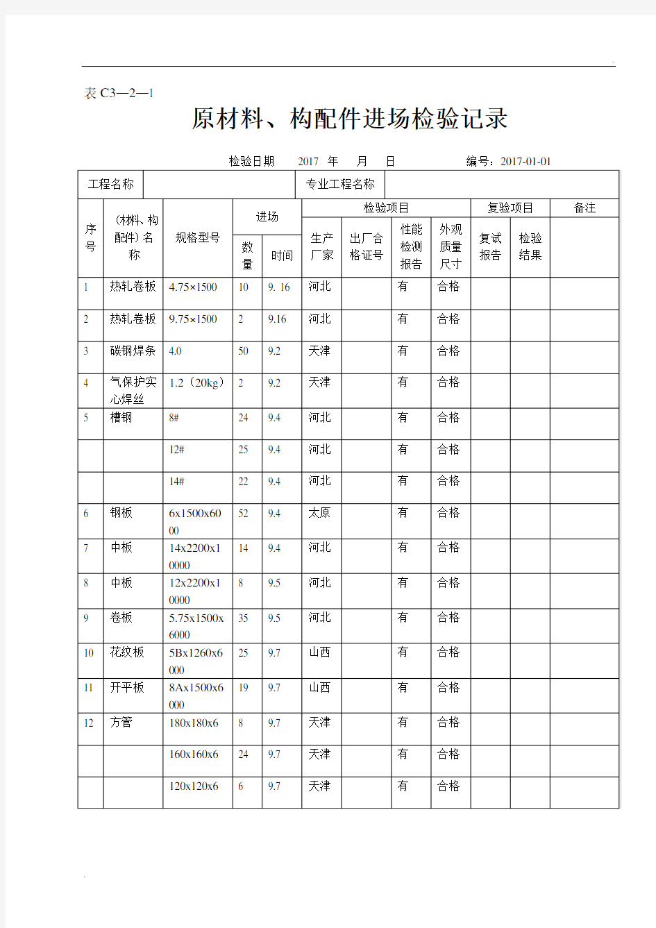 原材料、构配件进场检验记录(模板)