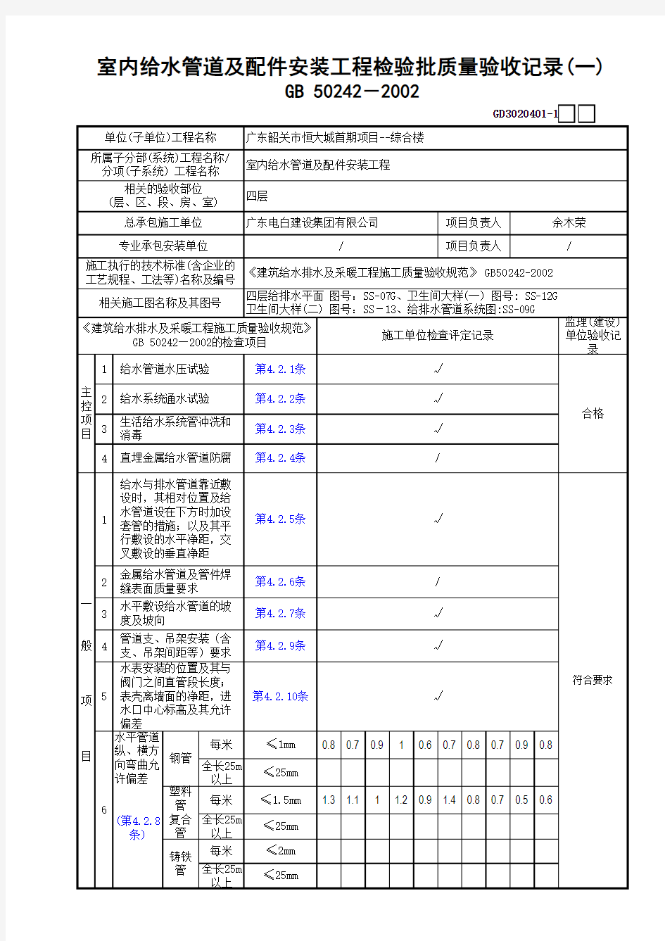 一套做好的水电资料室内给水管道检验批(一)