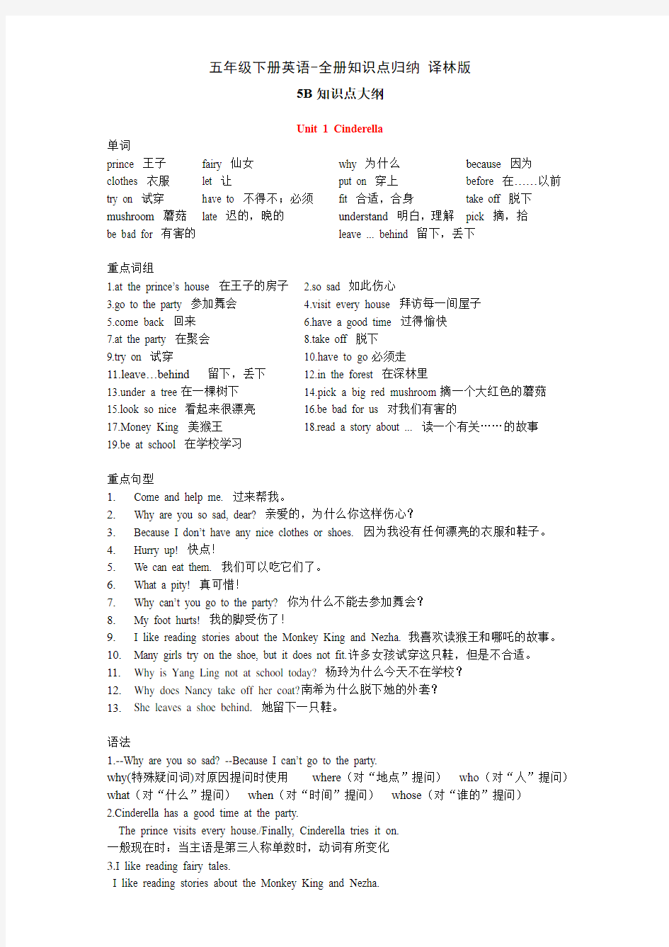 五年级下册英语-全册知识点归纳 译林版