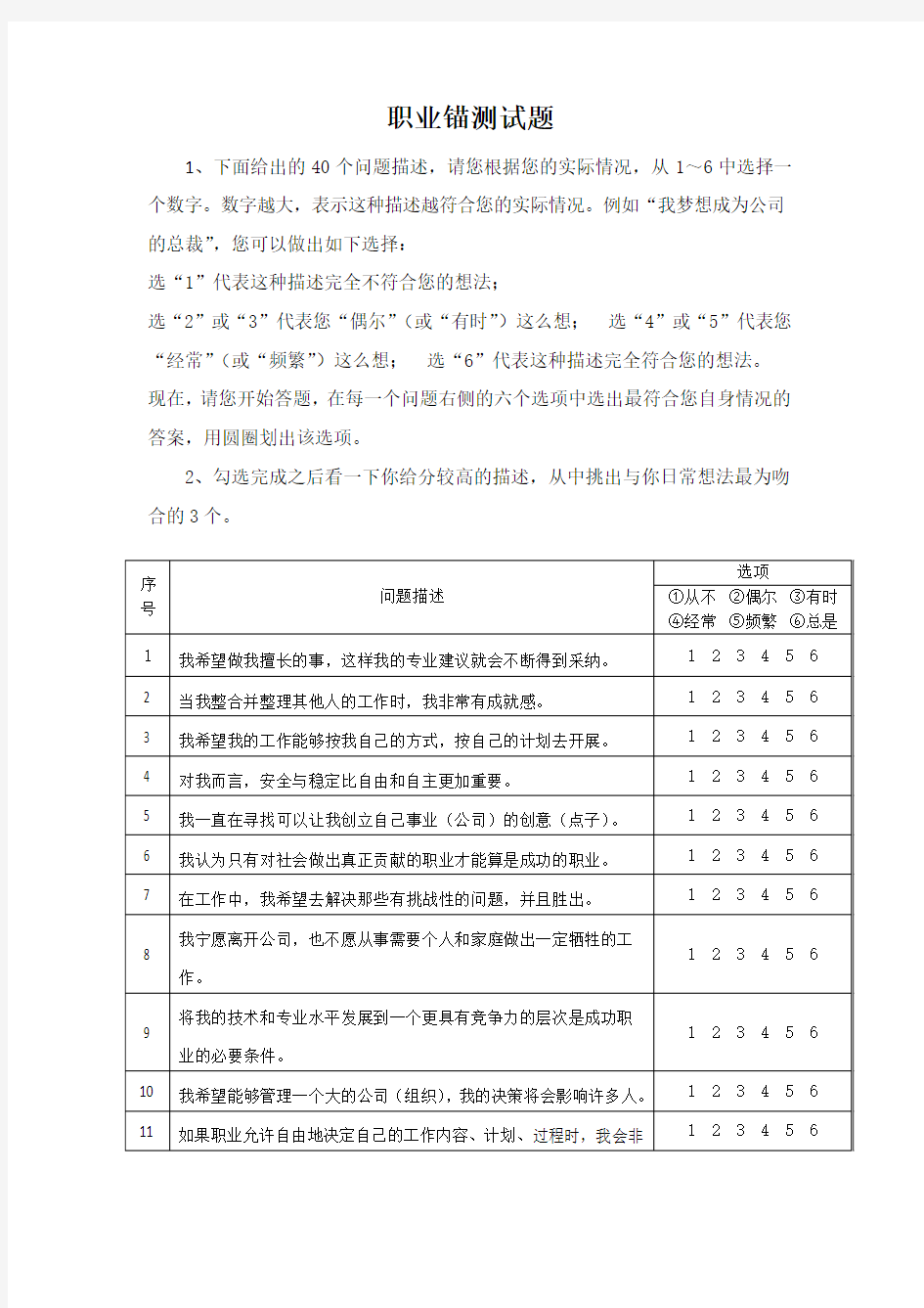 职业锚测试及类型测算