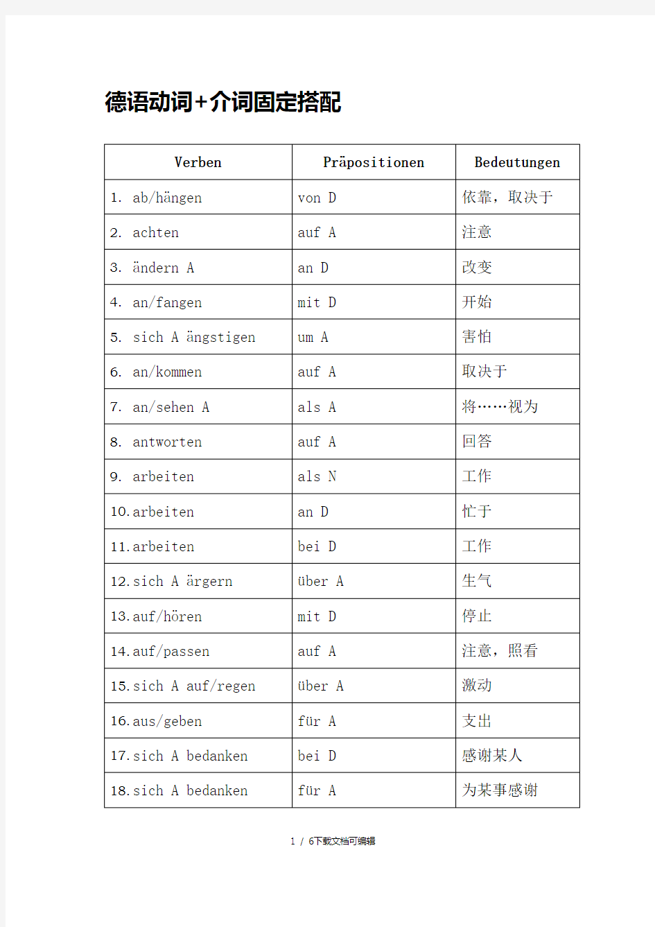 德语动词+介词固定搭配