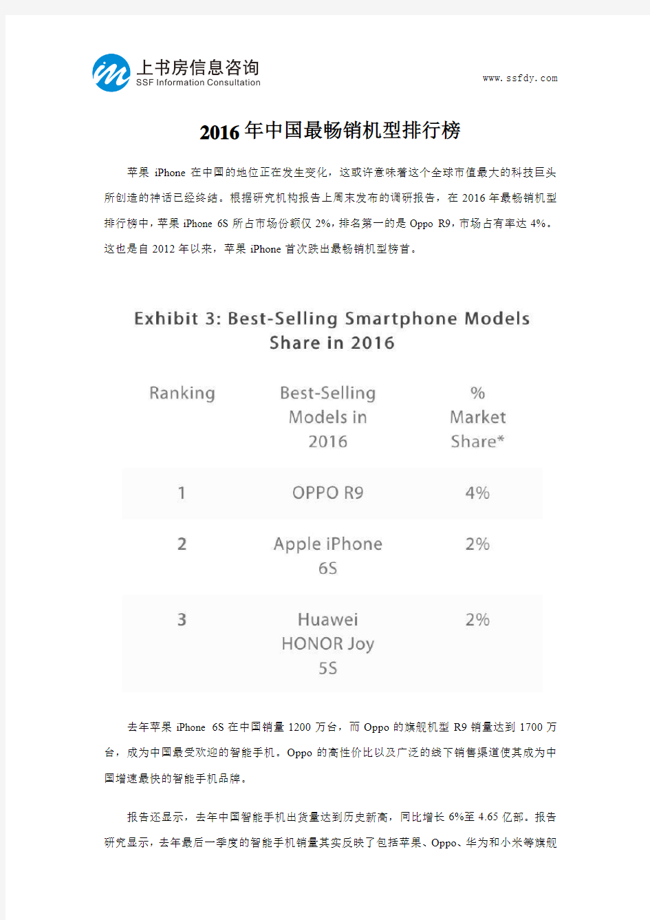 2016年中国最畅销手机机型排行榜-上书房信息咨询