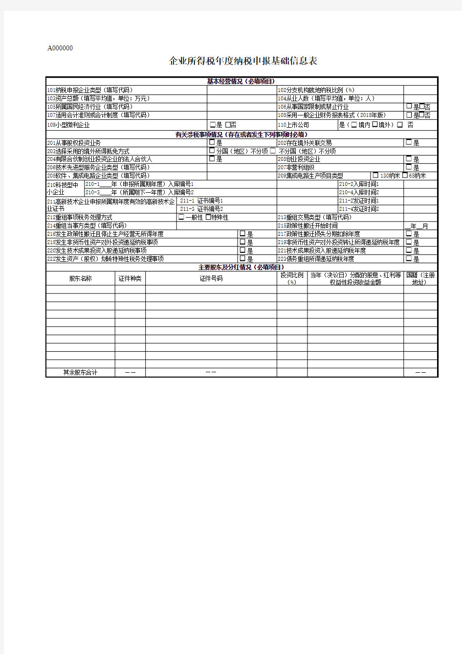 2018年企业所得税年度纳税申报表A类