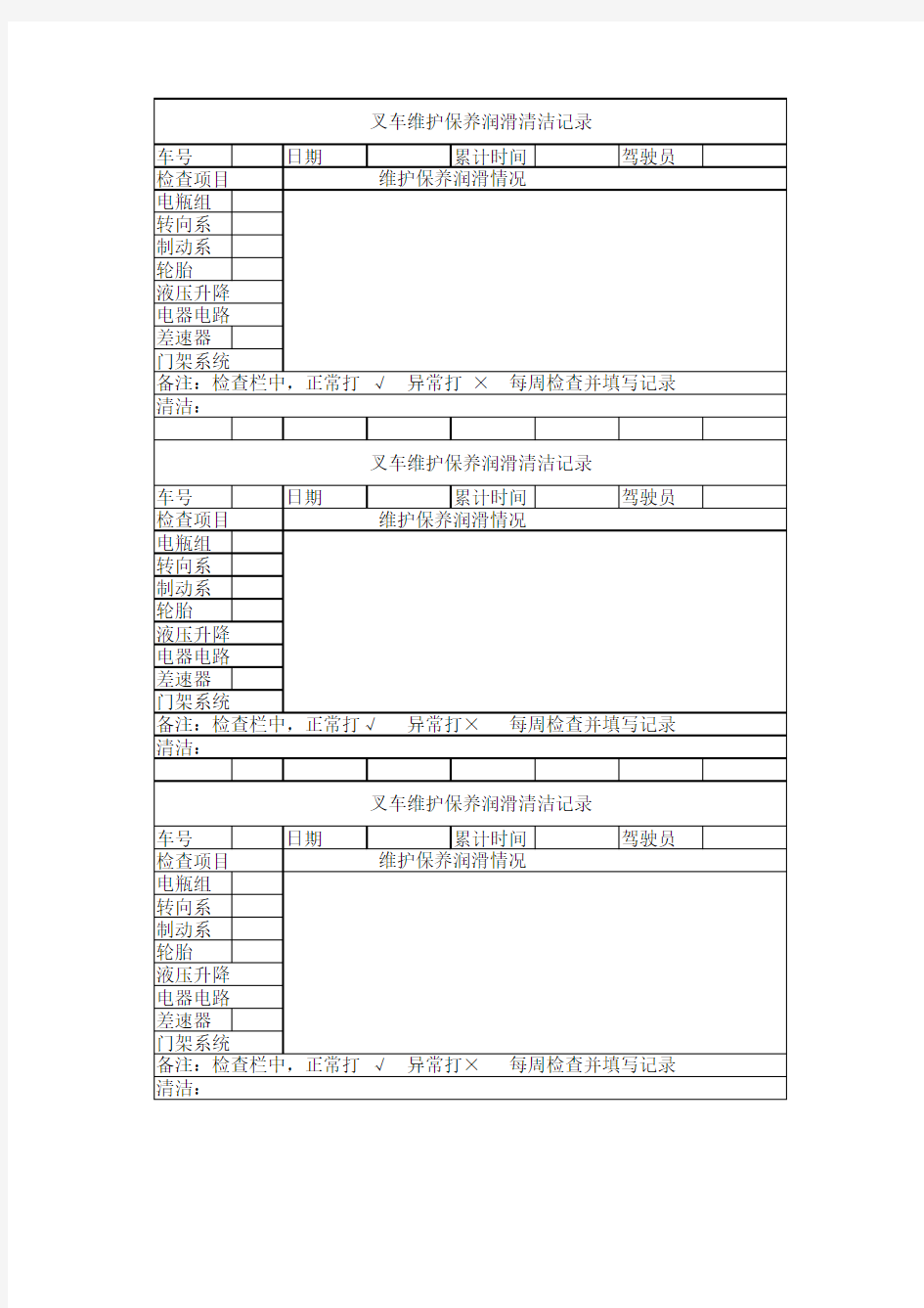 叉车维护保养记录(空白表)