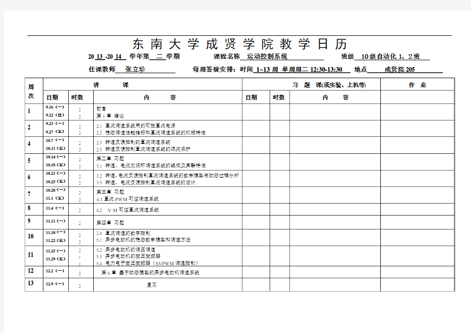 2013-2014-2运动控制系统1-2班教学日历-张立珍