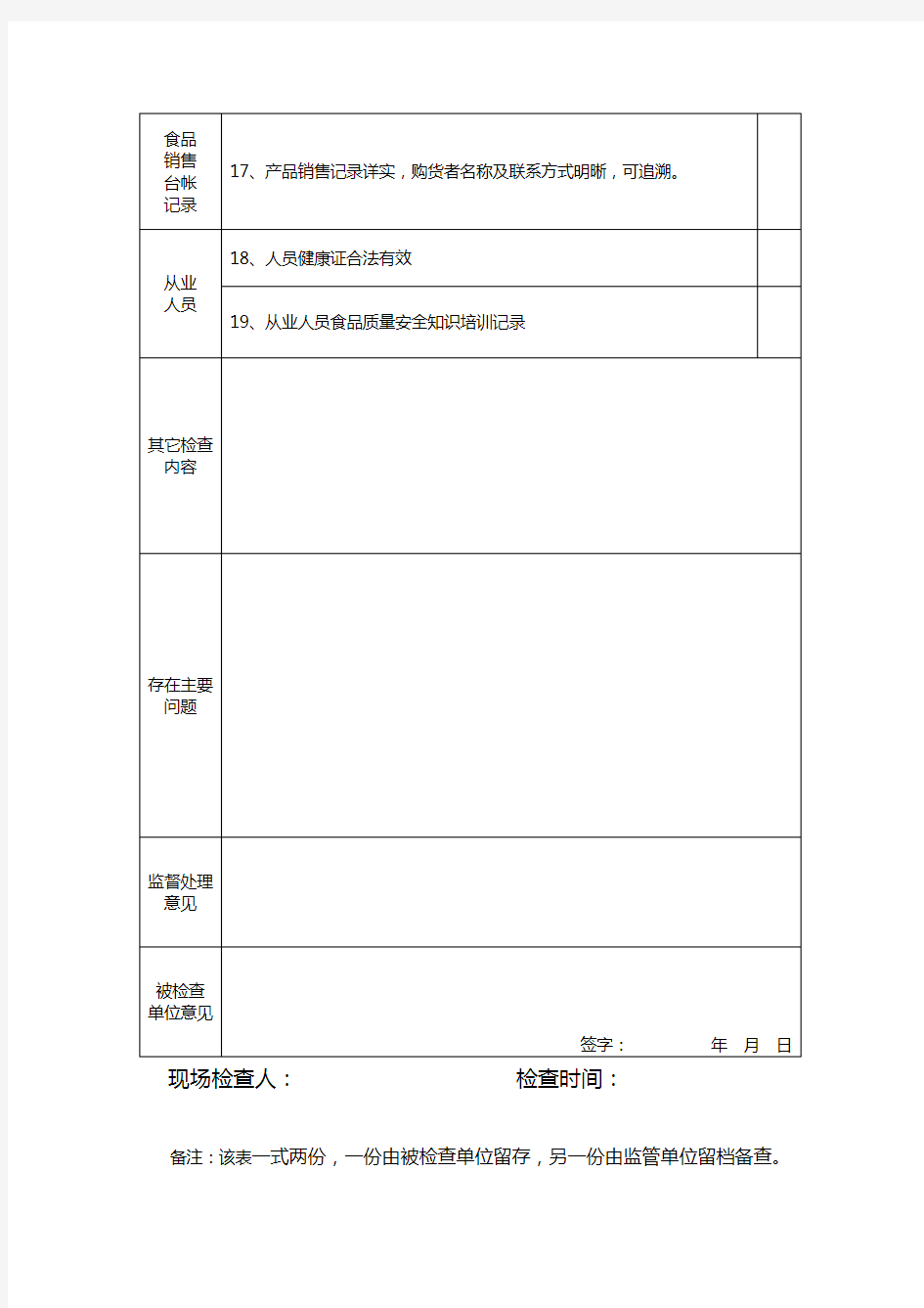 食品小作坊 监督检查表